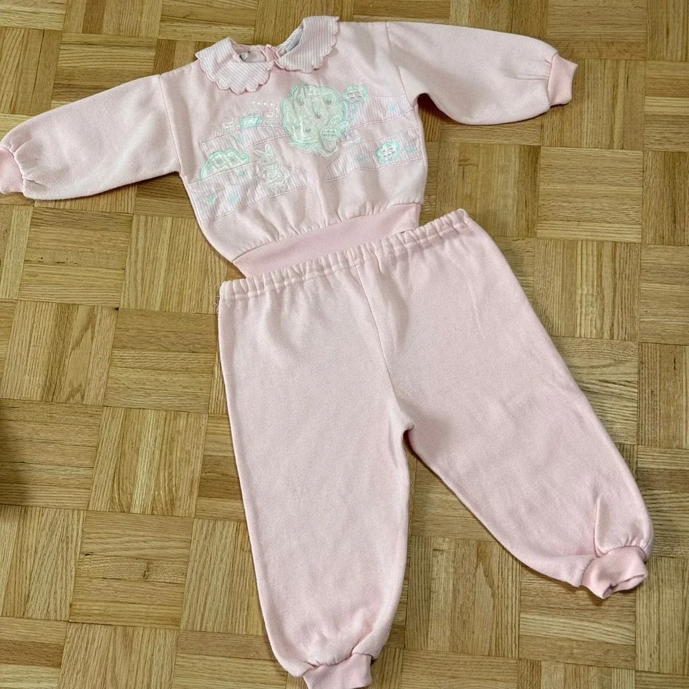 Vintage Crackerjack Pink Fleece Sweatshirt Pants Set 24M Bunny Train Embroidered - Picture 1 of 10